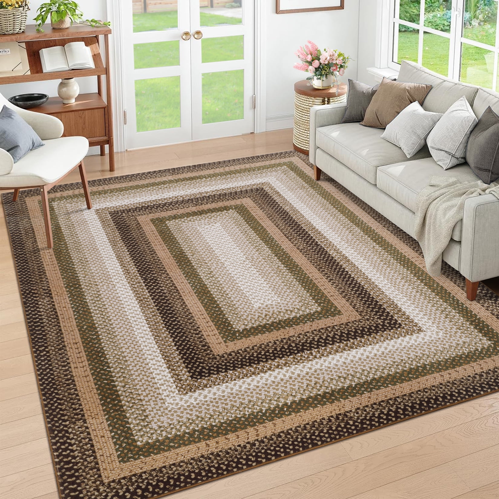 Garvee Modern Washable Braided Print Rugs, 8'x10' Non Slip Farmhouse Floor Carpet Boho Geometric Area Rug for Living Room Bedroom, Brown and Green