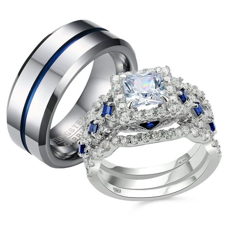 Newshe Wedding Ring Sets for Him and Her Women Mens Tungsten Bands Sterling Silver Couple Cz Size 5-13 (Women's Size 7 & Men's Size 9)