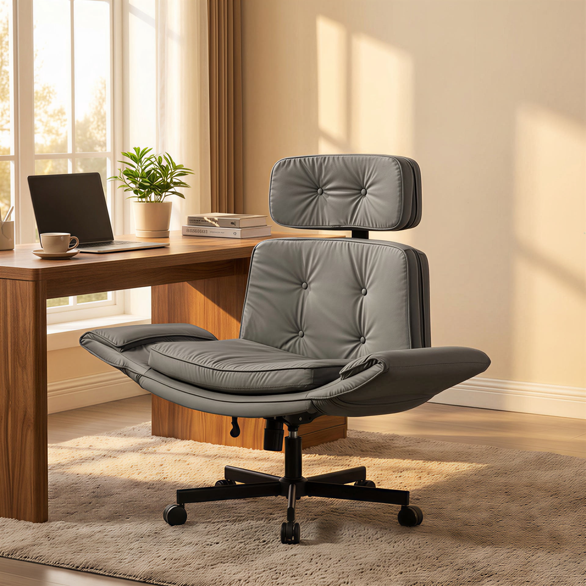 Peispie Criss Cross Office Chair with Adjustable Arms, Leather Cross Legged Desk Chair with Headrest, Wide Seat High Back Swivel Computer Office Chair for Home Office, Grey