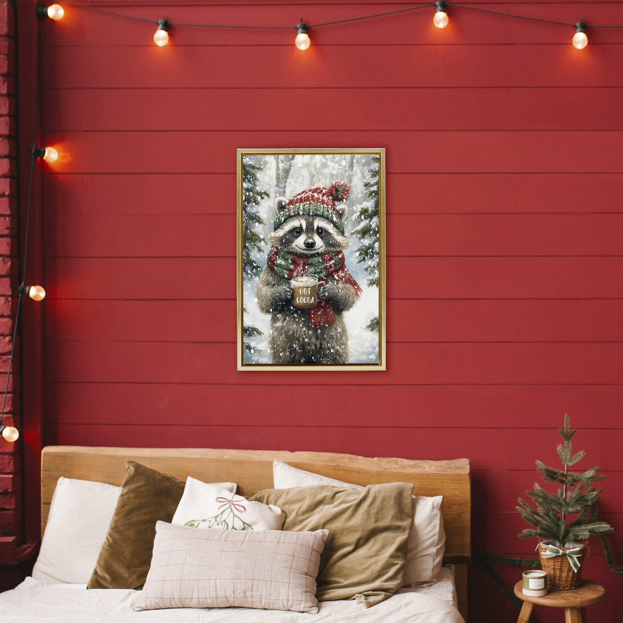 Stupell Industries Merry Cocoa Raccoon Gold Framed Floater Canvas Wall Art, design by Tina LeCour