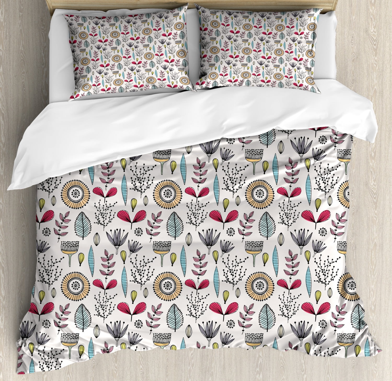 Botanical Duvet Cover Set Queen Size, Doodle Style Abstract Herbs and