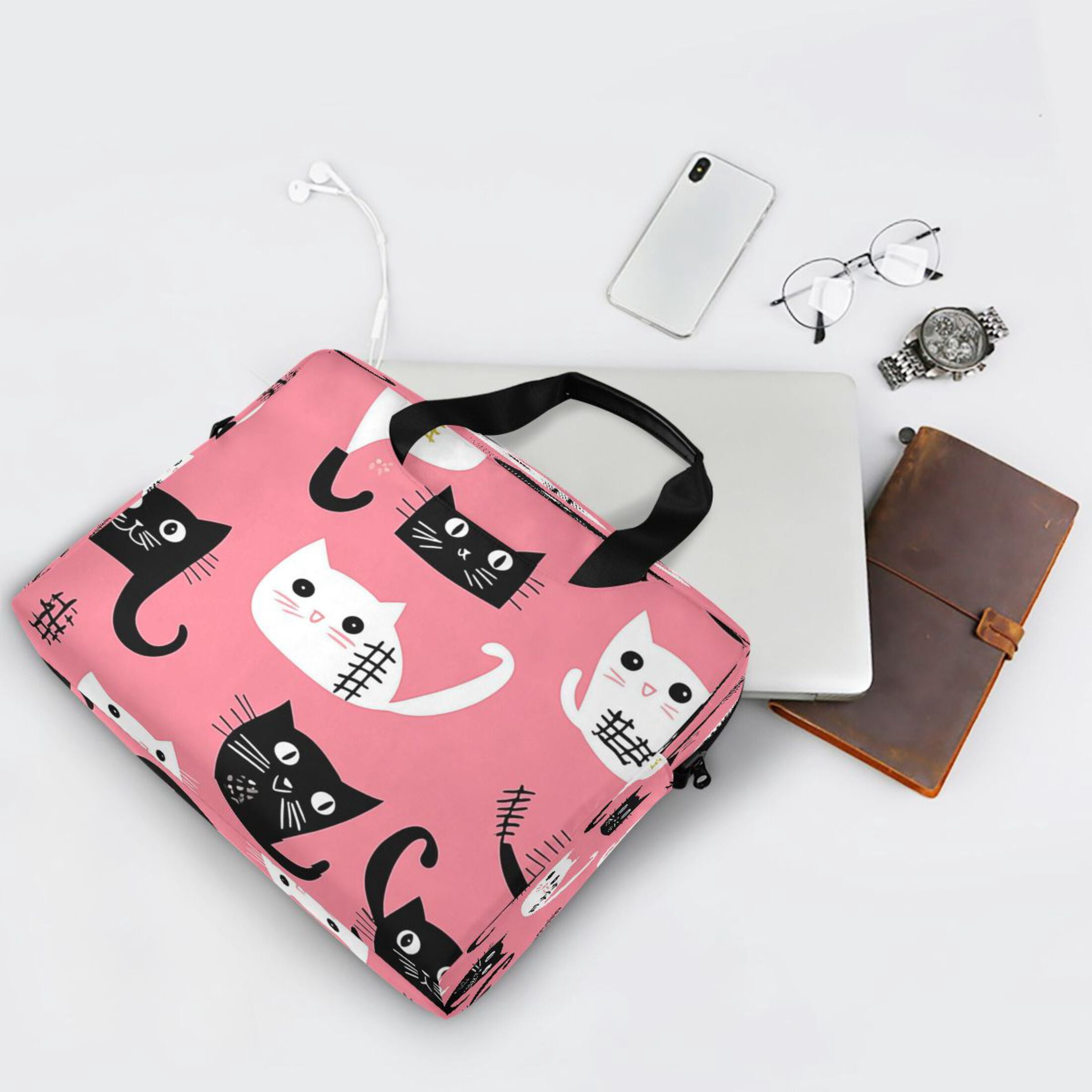 16" Laptop Tote Bag Laptop Sleeve Case Computer Briefcase for Work & Travel Black and White Cats