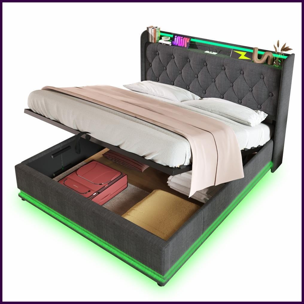 King Size Linen Upholstered Hydraulic Storage Bed Frame with 360 LED & USB-C, Gray, No Box Spring Needed for Master Bedroom