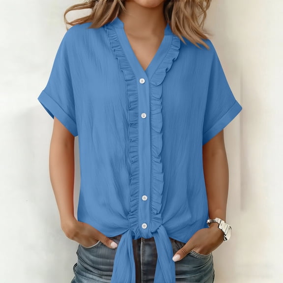 Xdegoge Button Down Shirts for Women V Neck Short Sleeve Casual Workwear Loose Fit Ruffle Trim Solid Pattern Lightweight Flowy Summer Spring Tops