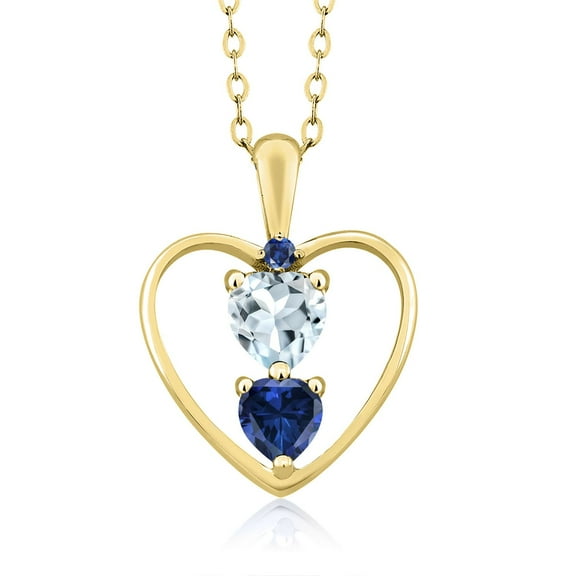 Gem Stone King 18K Yellow Gold Plated Silver Sky Blue Aquamarine Pendant Necklace for Women (0.92 Cttw, Gemstone March Birthstone, Heart 5MM and 4MM, with 18 inch Silver Chain)