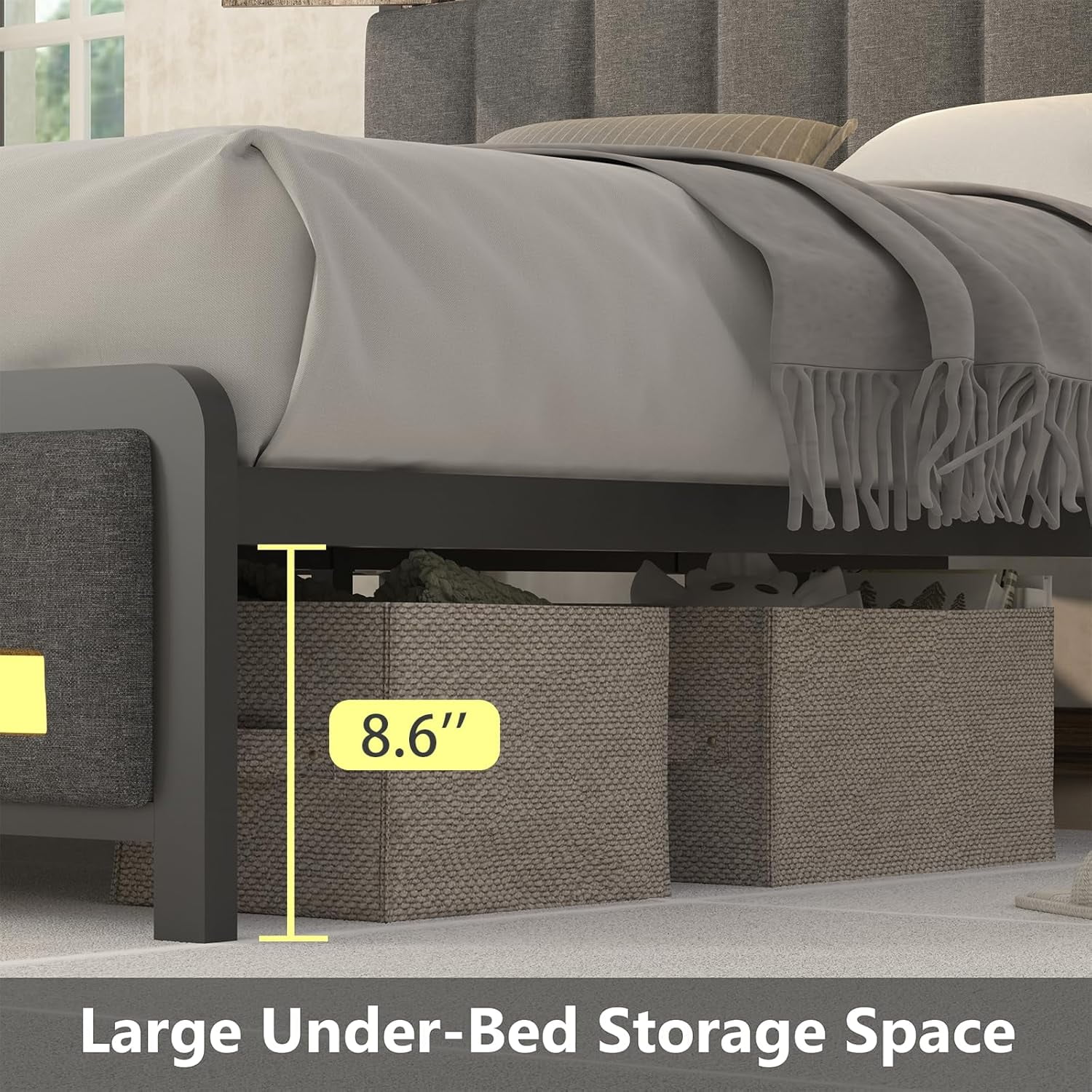 Queen Bed Frame with 3-Tier Headboard & 2 Hidden Storage, LED Lights Upholstered Bed Frame Queen Size with Charging Station, Platform Metal Bed Frame with Storage, No Box Spring Needed, Charcoal Gray