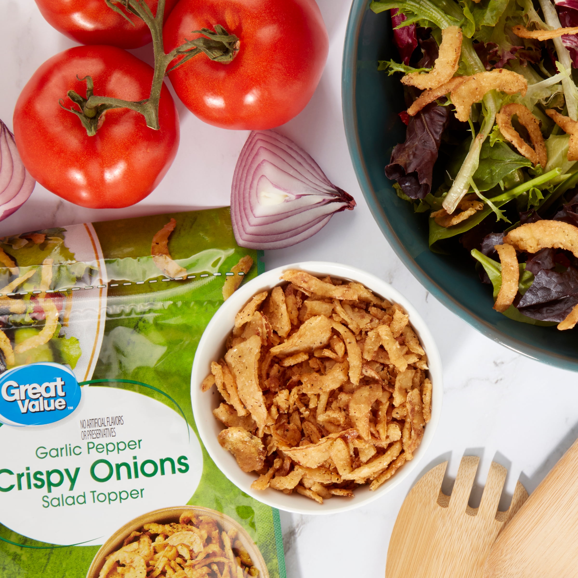 (6 pack) Great Value Garlic Pepper Crispy Onions Salad Topping, 3.5 oz Resealable Bag