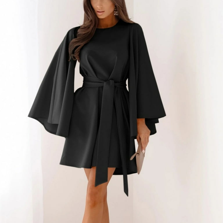 knee length dresses for ladies QUARTNEY Black Long Sleeve Satin Lace Mini Dress As Shown / Medium main image 0