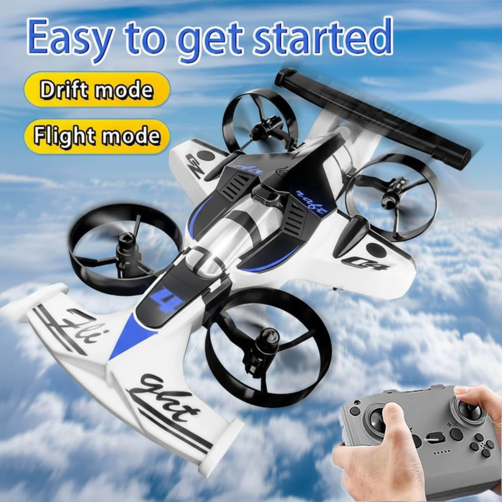 2-in-1 Land Quadcopter Drift Toy Car, Unmanned Aerial Vehicle Fixed-Wing Model, Remote Control Car and Drone Combo, Green