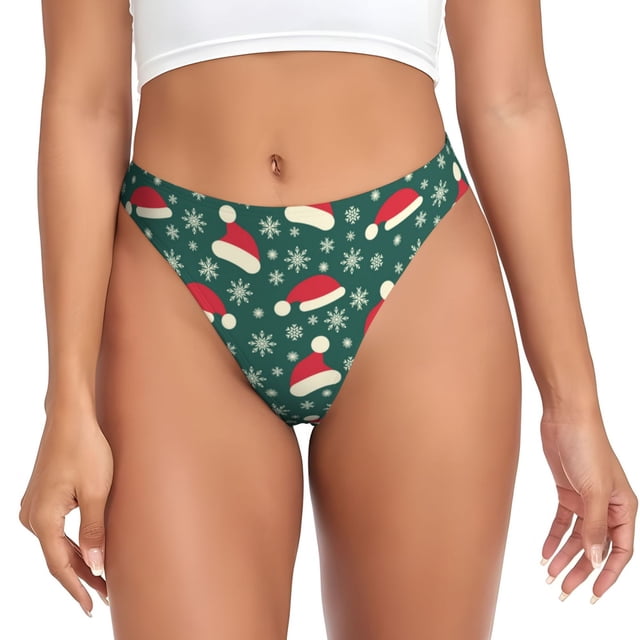 Fotbe Santa Hat Joy Green Festive Tanga Sin Costuras para Mujer con Estampado – Panties Invisibles, Transpirables y Cómodos para Uso Diario-Medium