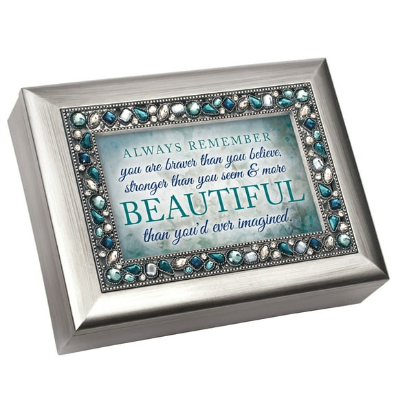 8" Silver Colored and Blue Vintage Style Music Box with Jewels