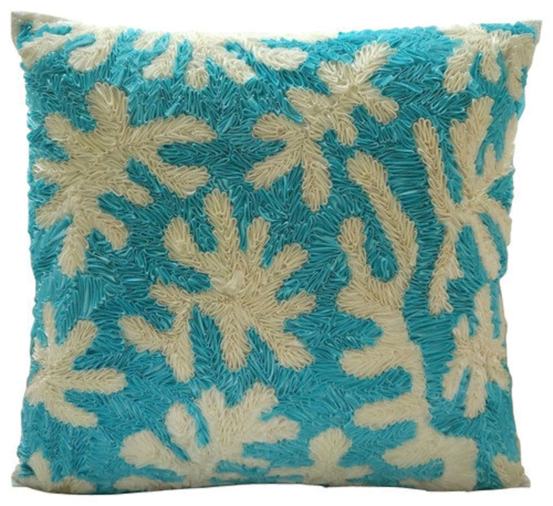 Blue Pillow Shams, Ribbon Corals Beach Ocean Theme Nautical Pillow