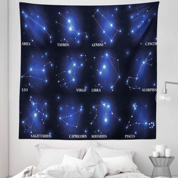 Constellation Tapestry, Zodiac Sign Set and Names Group of Stars Cluster Esoteric, Fabric Wall Hanging Decor for Bedroom Living Room Dorm, 5 Sizes, Dark Blue Blue White, by Ambesonne