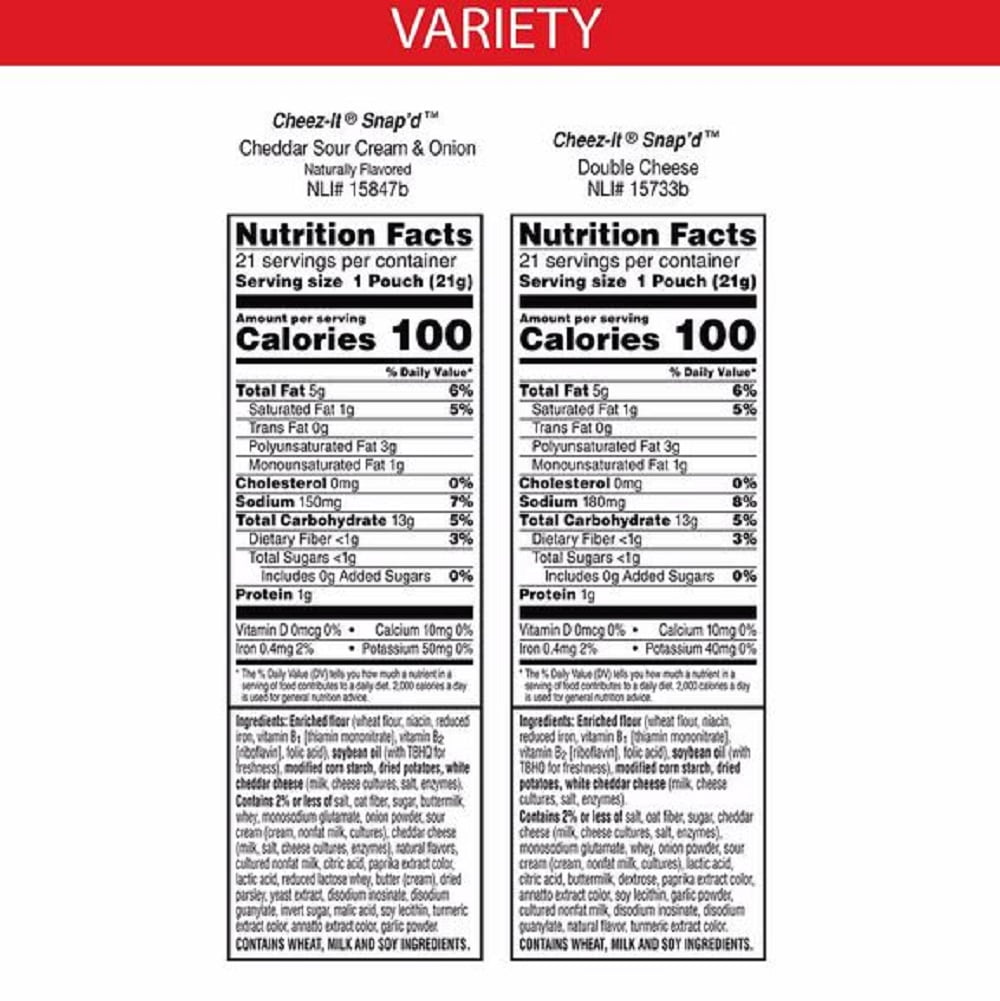 Snap'd Crackers Variety Pack Cheddar Sour Cream and Onion Double Cheese, 0.75 oz Bag, 42/Carton