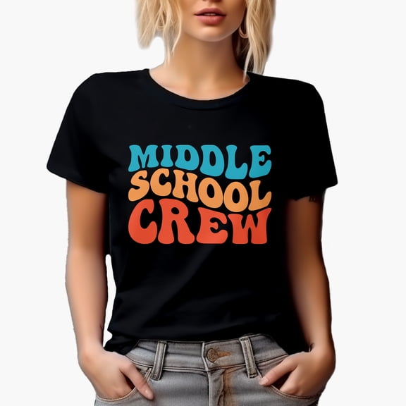 Middle School Crew, Teacher or Teaching & Student Themed, Groovy Retro Wavy Text Merch Gift, Black T-Shirt, Small