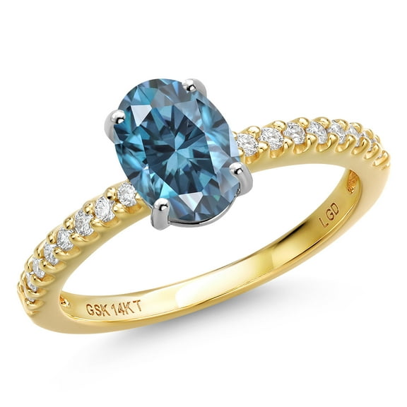 Gem Stone King 14K Two Tone Gold Persian Blue Moissanite and Lab Grown Diamond Engagement Ring for Women | 1.54 Cttw | Oval 8X6MM | Gemstone Birthstone | Size 8