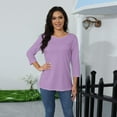 thumbnail image 4 of Womens Shirts Loose Fit 3/4 Sleeve Tops Solid Color Crew Neck Blouses Fall Plus Size Tee Shirt Dressy Elbow Tunic Tops With Pocket Purple M, 4 of 9