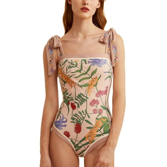 SWSMCLT Women's Cute Floral One Piece Swimsuit Swimwear Graphic Padded Beach Surfing Swimming Suit Convertible Vintage Square Neck Knotted Modest Teen Junior Bathing Suit Pink X-Large