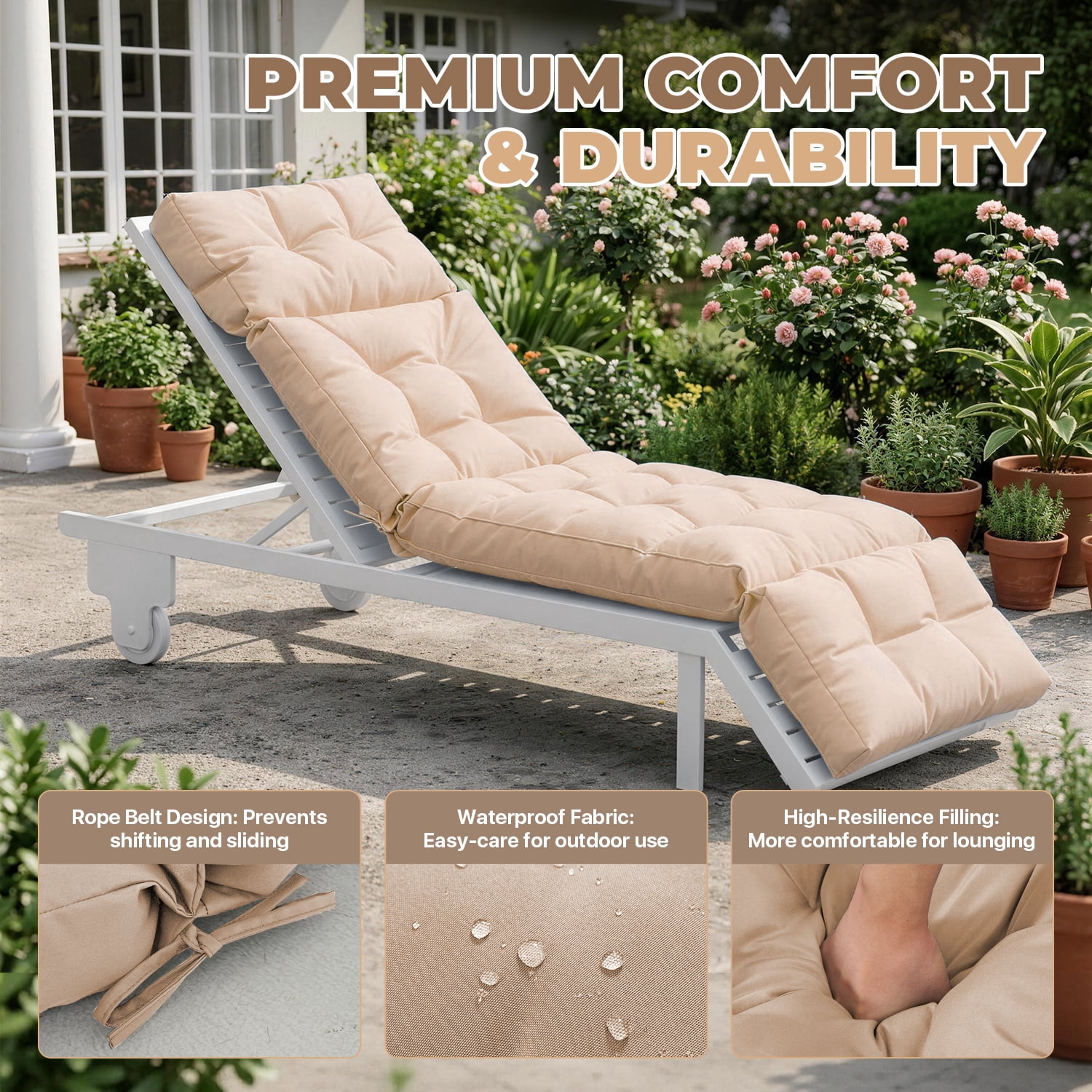 BaPiPro All-Weather Outdoor Chaise Lounge Cushion, Secure-Tie Patio Recliner Cushion with Plush PP Cotton Support for Patio, Poolside & Balcony, Beige