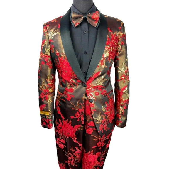 Men's Red Floral Paisley Fashion Wedding Suit Set With Matching Bowtie By Alberto Nardoni Designer