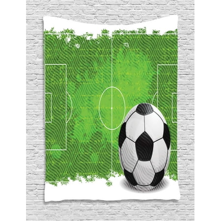 Vintage Football Black And White Soccer Tapestry, Grunge Worn Looking Pitch Pattern Football Six Yard Box Vintage Illustration, Wall Hanging for Bedroom Living Room Dorm Decor, 40W X 60L Inches, Green Black White, by Ambesonne ()