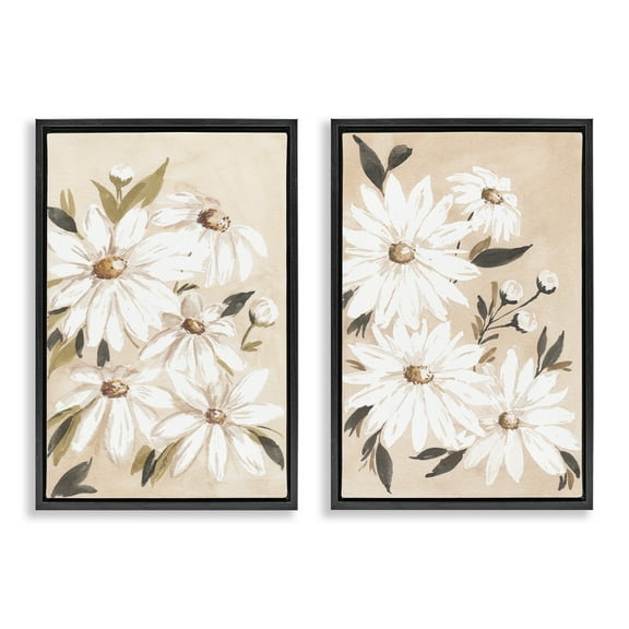 Stupell Industries White Daises on Peach Plants & Flowers Painting Black Floater Framed Canvas Art Print Wall Art, 17 x 25, Set of 2