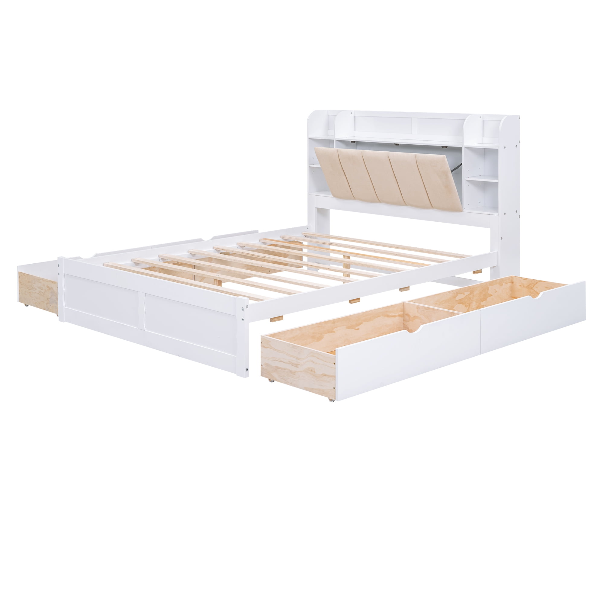 Euroco Wood Queen Platform Bed, Upholstered with Storage Headboard and 4 Drawers for Kids and Adults Bedroom, White