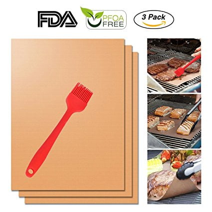 Copper Grill Mat Set of 3,Non-stick BBQ Grill & Baking Mats - FDA Approved, PFOA Free, Reusable and Easy to Clean - Works on Gas, Charcoal, Electric Grills - 15.75 x 13 inches