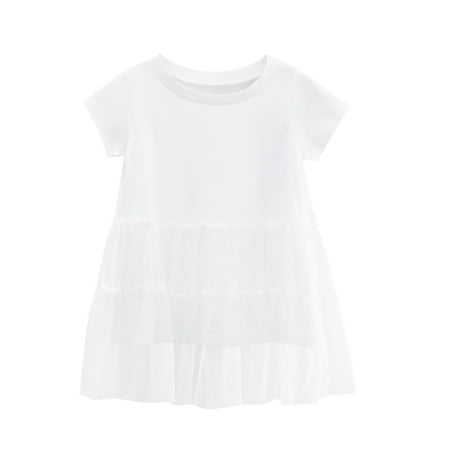 

Booker Girls Summer Dress Solid Color Short Sleeve Crew Neck Skirt No Pattern Casual Outing For 1 To 8 Years