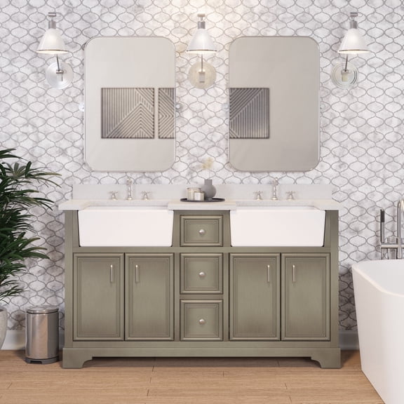 Zelda 60" Double Farmhouse Bathroom Vanity with Weathered Gray Cabinet and Quartz Top