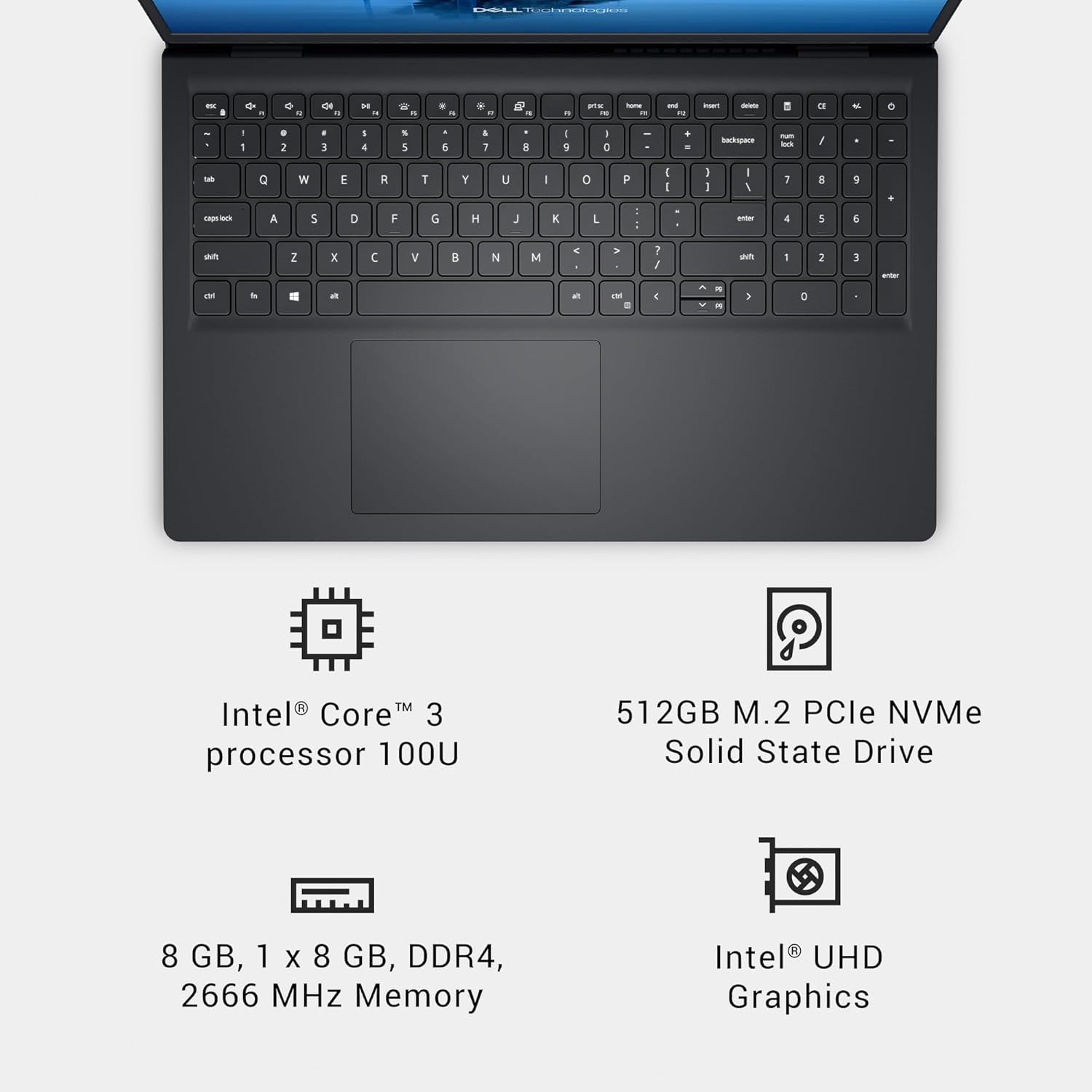Dell 15 .6" FHD Laptop - Intel Core 3 100U - 8GB DDR4 RAM - 512GB SSD - Windows 11 Home - Black