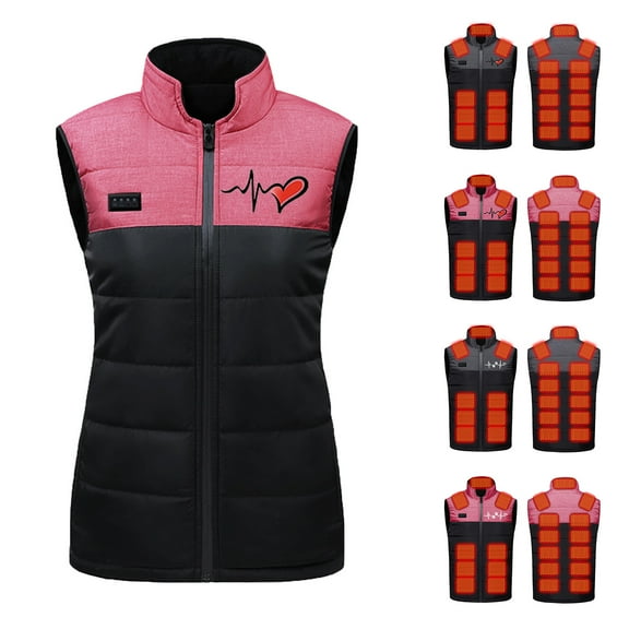 JTZGDY Heated Vest Women, (Battery Pack Not Included) Smart Controller With Lights-out, Cute Heart Printed Full Zip up Stand Collar Electric Warming Heated Jackets, 21 Heating Zones A-Red XXL
