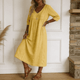 thumbnail image 5 of Summer V Neck Midi Dress for Women 3/4 Sleeve Solid Cotton Linen Dresses Casual Loose Beach Vacation Dresses with Pocket, XL, 5 of 6
