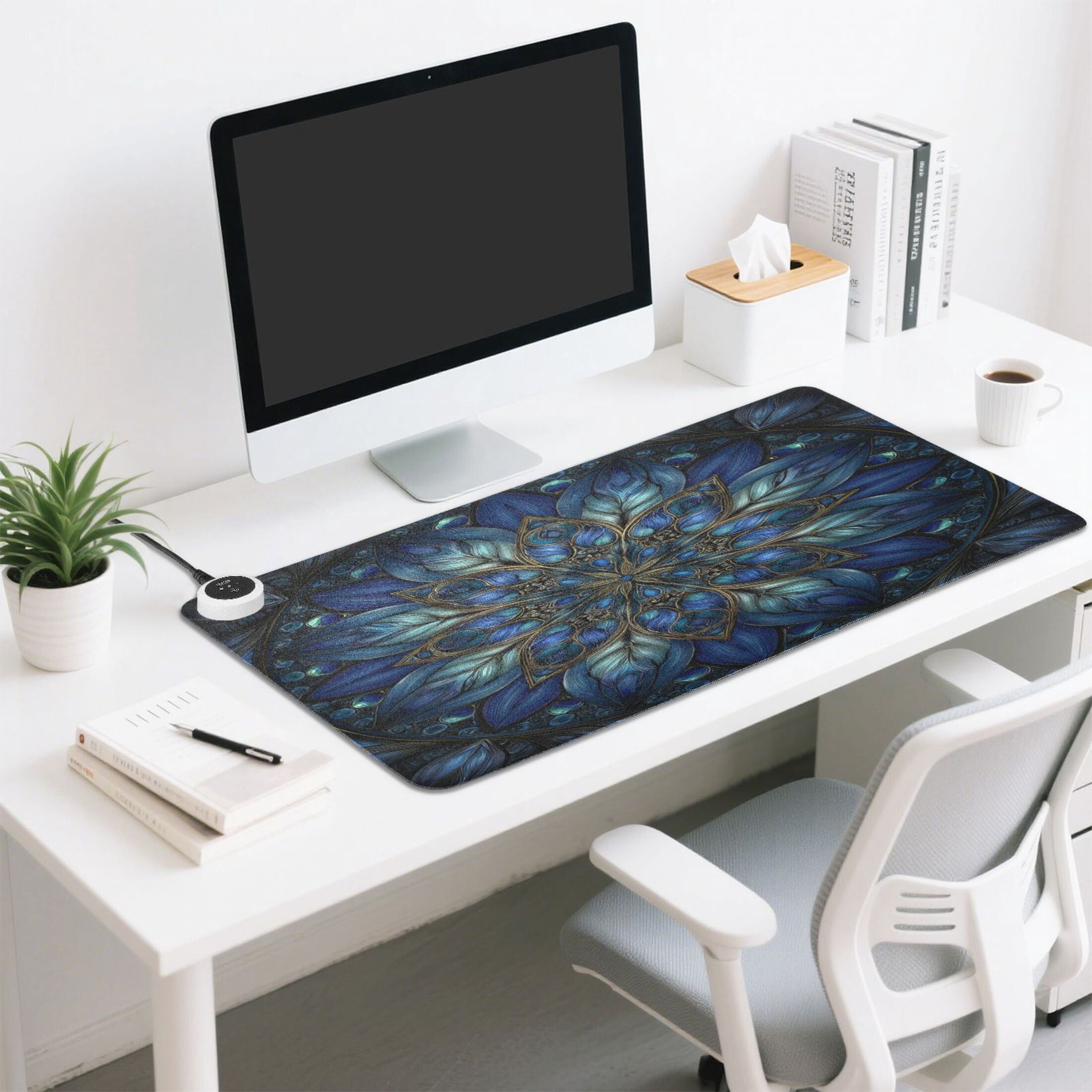 Large Heated Desk Mat Mouse Pad 31.5"x13"PU Leather Graphene Heating Desk Warmer with 3 Temperature Settings 110V US Plug Non-Slip Warm Pad for Home, Office, and Gaming Blue Glass Flower Petals