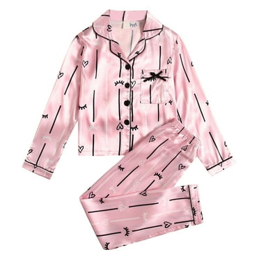 REDARER Girls Satin Pajama Set, 2 Piece Button Down Sleepwear with Long Sleeve Pants, Striped Collar Nightwear,11-12 Years
