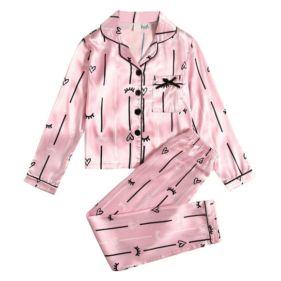 Aocisk Pajamas for Kids Girls Satin Pajamas Set 2 Piece Silk Nightwear Button Down Sleepwear for Teen Kid Long Sleeve Sleepwear for Girls Pink 9 Years