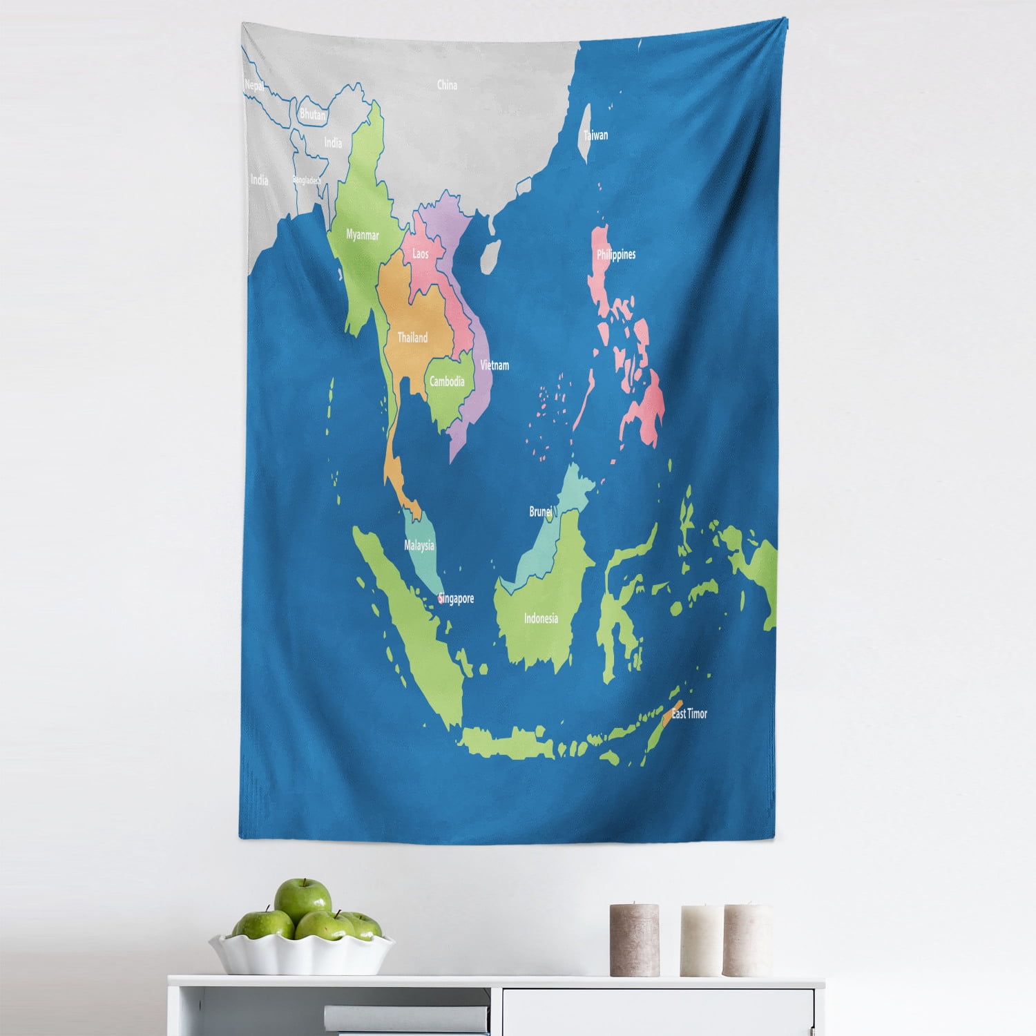 Asian Tapestry, South East Countries Colorful Map Myanmar Thailand Laos Vietnam Philippines 