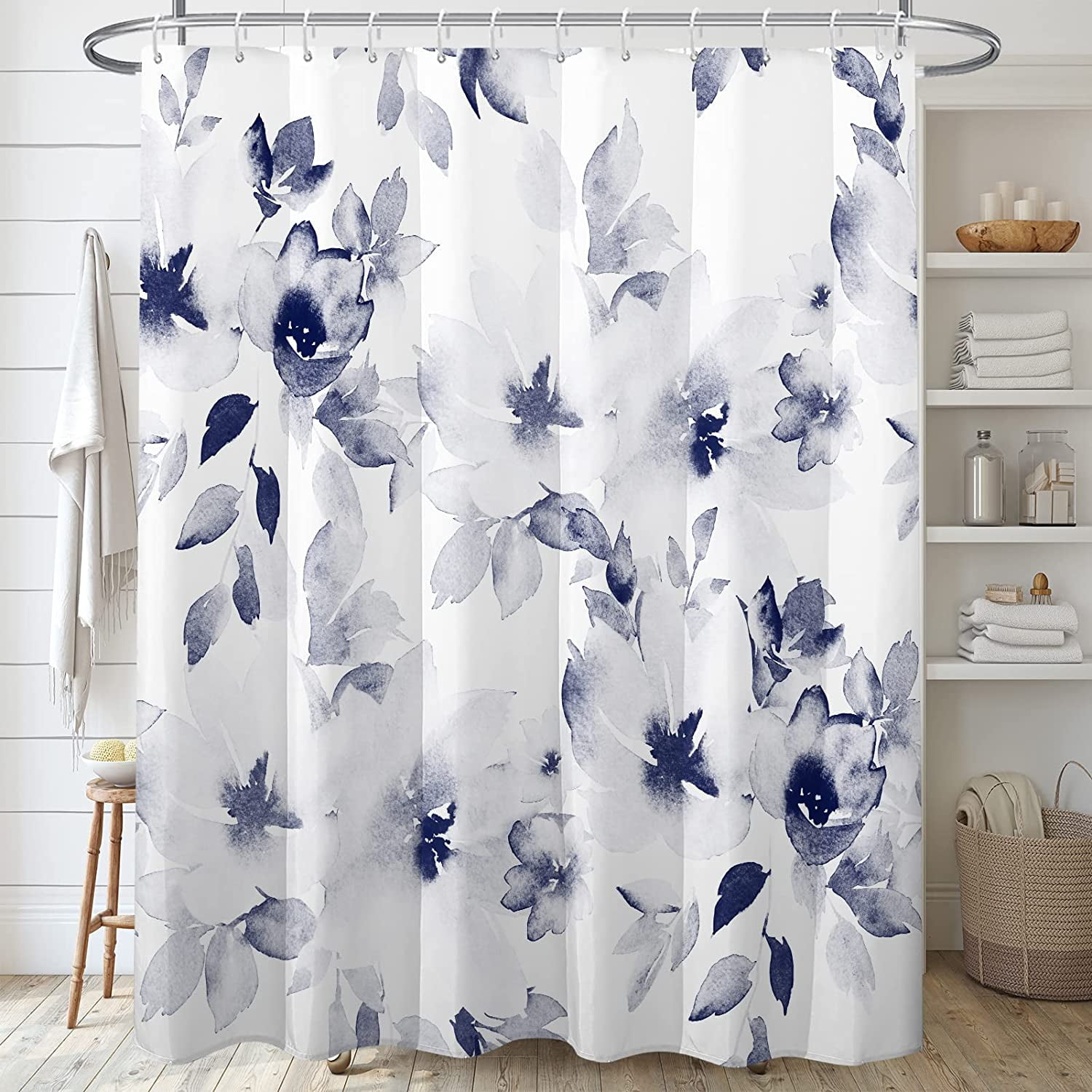 Blue Floral Shower Curtain,Watercolor Navy and White Flower Lush Blooms ...