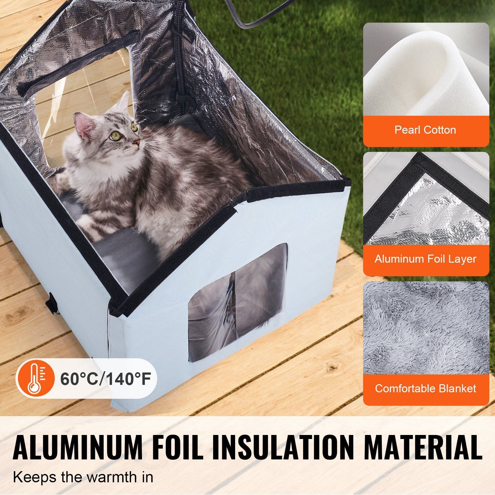 Foldable Heated Cat House with Removable Warming Pad, Insulated Outdoor Kitty Shelter for Winter, Water-Resistant Blue Small Pet Bed