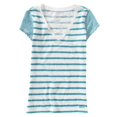 thumbnail image 1 of Aeropostale Camiseta básica con cuello en V a rayas para mujer, azul, pequeña Aeropostale Camiseta básica, 1 of 2
