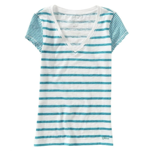 Aeropostale - Camiseta básica con cuello en V a rayas para mujer, azul, extragrande Aeropostale Camiseta básica