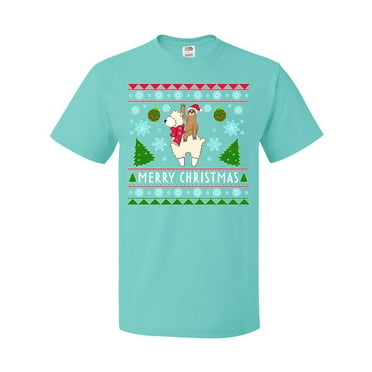 Inktastic Merry Christmas Sloth and Llama Ugly Sweater Style T-Shirt
