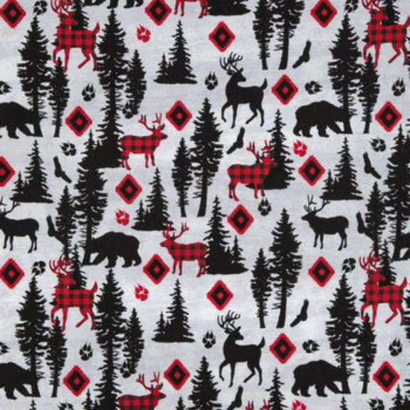 Red Black Woodland Animals Calico Cotton Fabric