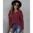 thumbnail image 6 of Women Striped Knitted Sweater with Hooded V-Neck Long Sleeve Casual Pullover Lady Loose Fit Warm Jumper Top Wine Red M, 6 of 9