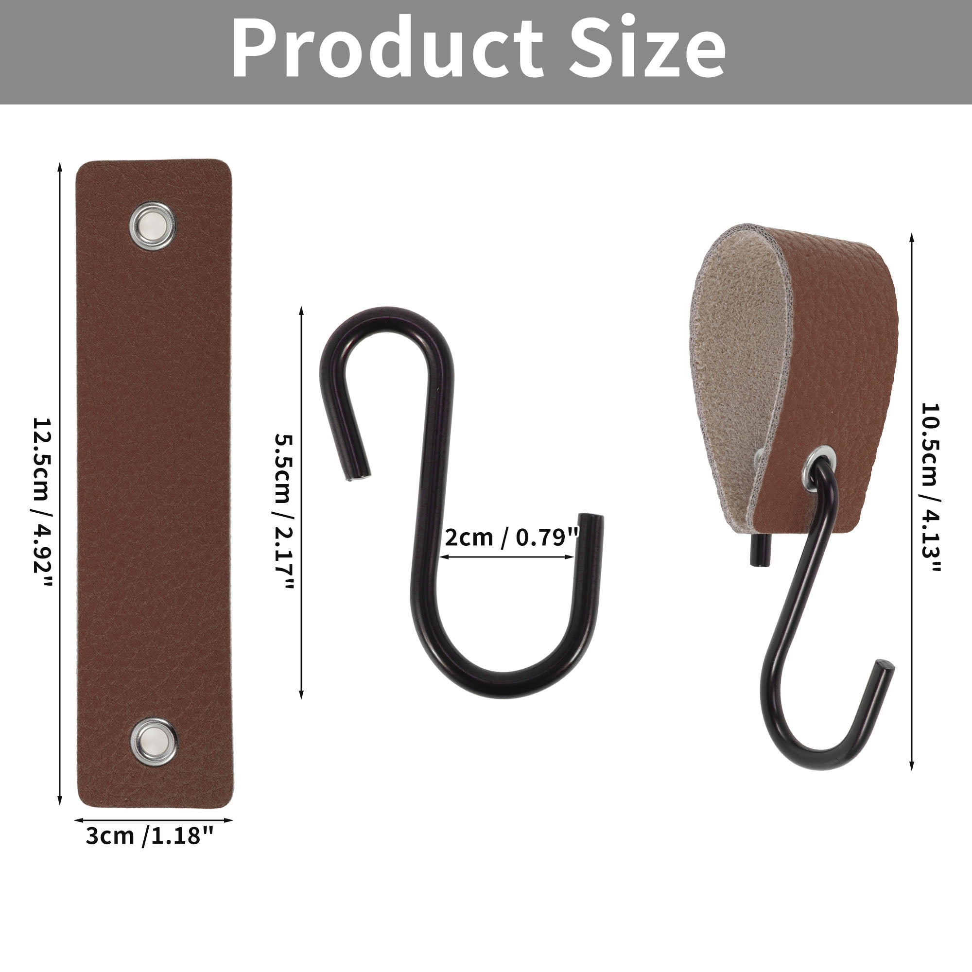 Unique Bargains Pack of 5 S Hooks with Leather Loop for Wardrobe Deep Brown