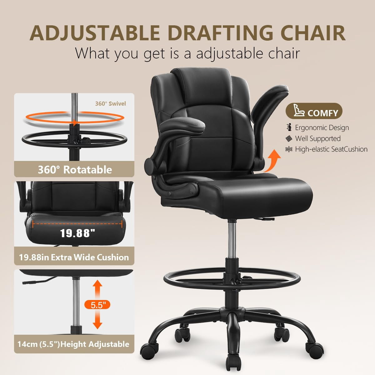 JONPONY 500 lbs Tall Office Chair with Flip-up Armrests for Standing Desk Executive Ergonomic Computer Leather Desk Chair with Lumbar Support, Adjustable Foot Ring for Home,Black