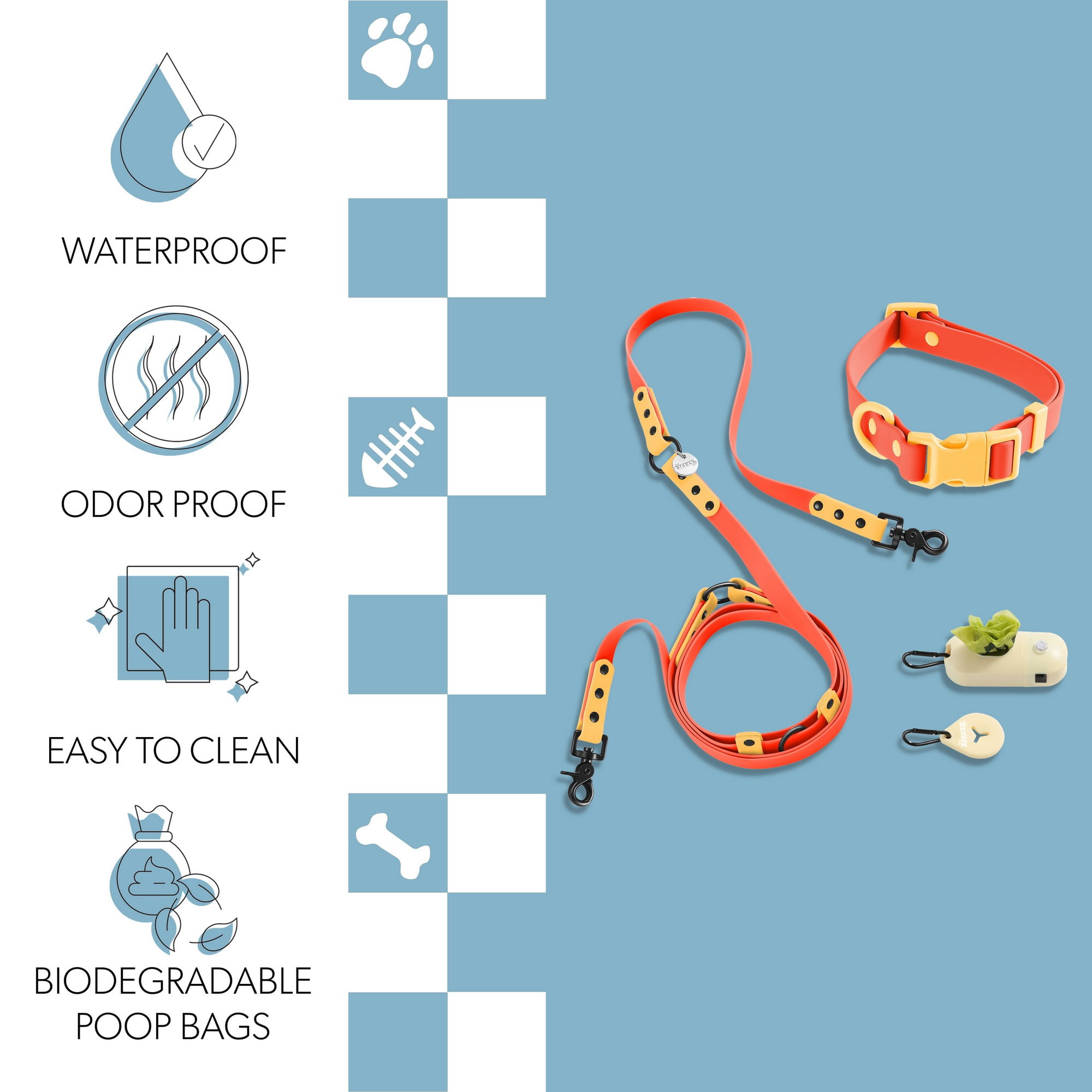 THE LICKER STORE Luna Medium 8FT Adjustable 6-in-1 Waterproof Hands-Free Leash and Collar with LED Flashlight, Bag Dispenser, and Poop Bag Holder, Dark Orange/Light Orange, WLK1005A-5SET