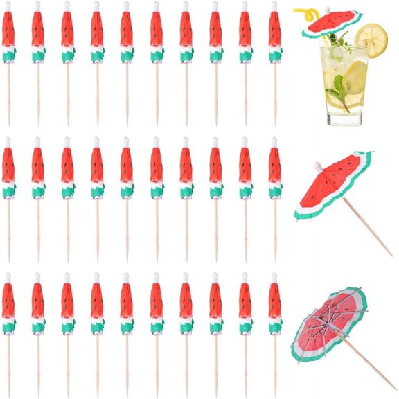 2 Bags Watermelon Pattern Umbrella Bamboo & PET Plastic Toothpick Decorations for Fruits Appetizers & Cocktails Red 85x100mm about 50pcs/bag