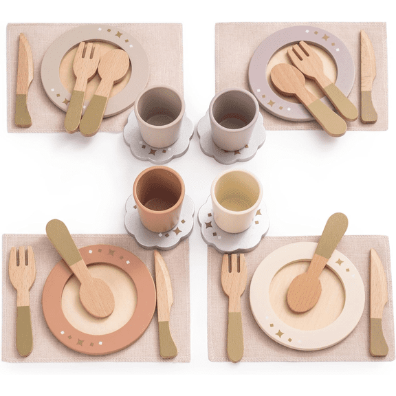 ROBUD 4pc Wooden Play Food Set for Toddlers - Realistic Montessori Pretend Kitchen Dishes & Accessories, Educational Role Play Toy Gift for Boys & Girls