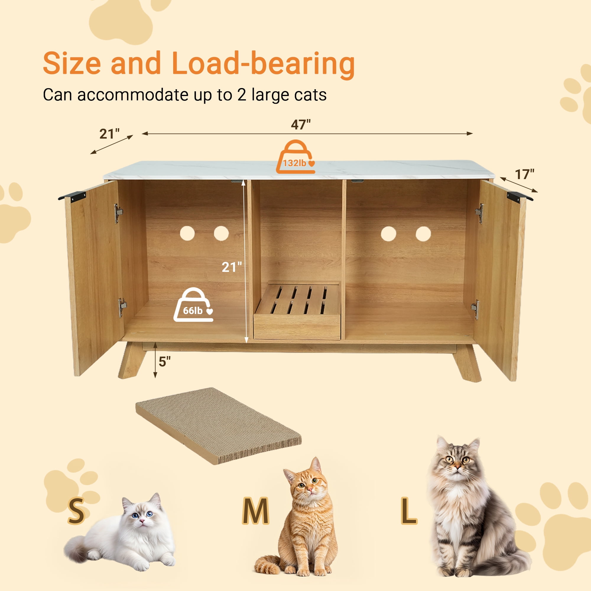 Innovar Home Cat Litter Box Enclosure, 47" Large Wooden Hidden Cat Litter Box Furniture,Indoor Cat Washroom for 2 Cats, Dual-Room Cats Cabinet W/Scratching Pad for Living Room Bedroom,Nature Finish
